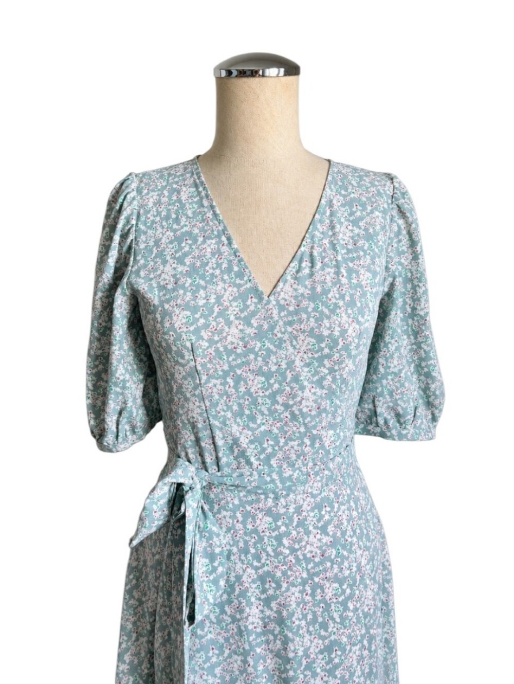 Axara Paris Floral Wrap Dress S Blue Puff Sleeve Cottagecore Midi Dress Vintage - Picture 3 of 8